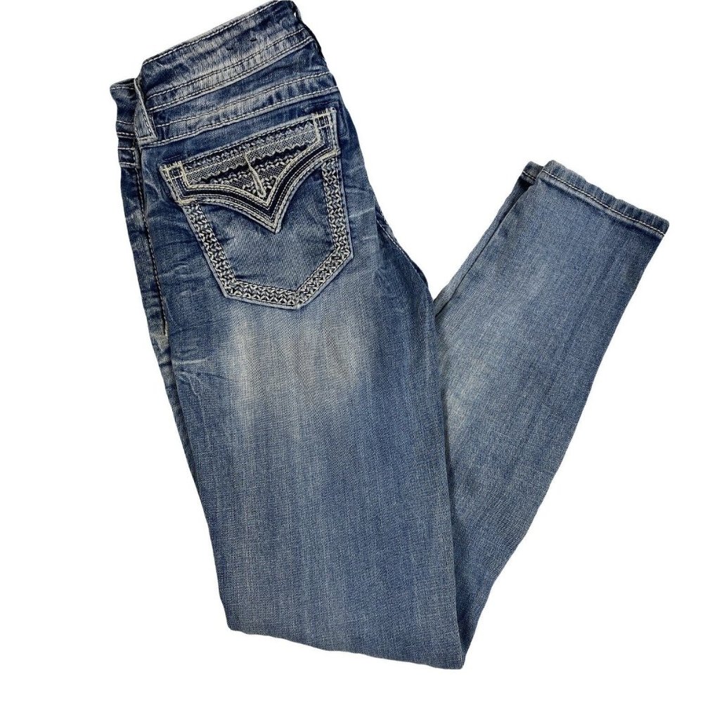 Womens Miss Me Sz 26 Blue Whiskered Low Rise Skinny Stretch Jeans